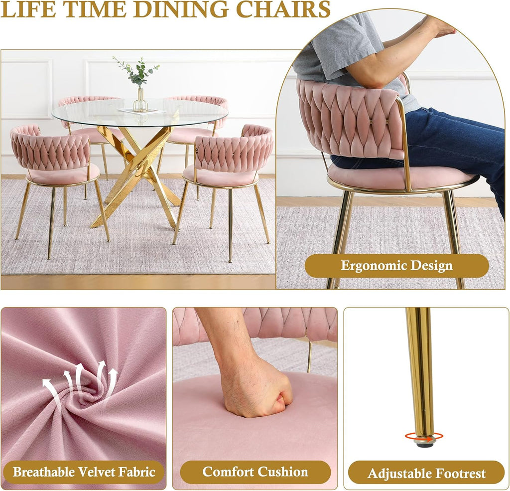 Round Glass Dining Table Set for 4, 36'' Small Circle Glass Kitchen Table with 4 Luxury Pink Gold Velvet Dining Chairs, 5-Piece Dining Room Table Set for Small Place(Gold Base)