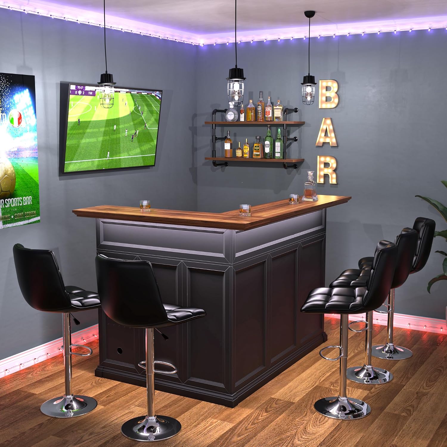 GDLF L-Shaped Home Bar Cabinet with Fridge Space, Oversized Basement Bar | Basement & Man Cave Bar, Seats 5+ Guests, Premium Wood-Grain Finish, Sculpted Edge Details, Fridge Space & Wine Storage