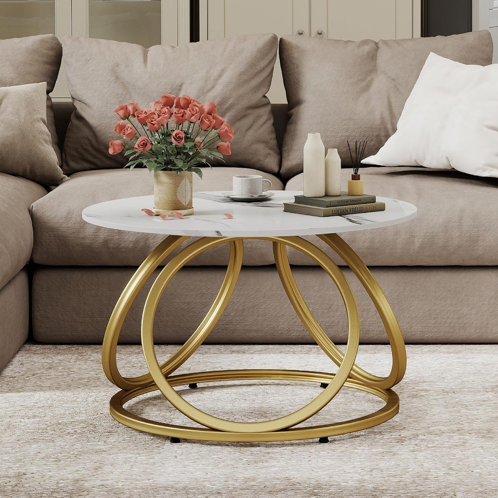 O&K FURNITURE Gold Round Coffee Table, Faux Marble Top with Veins, Modern...