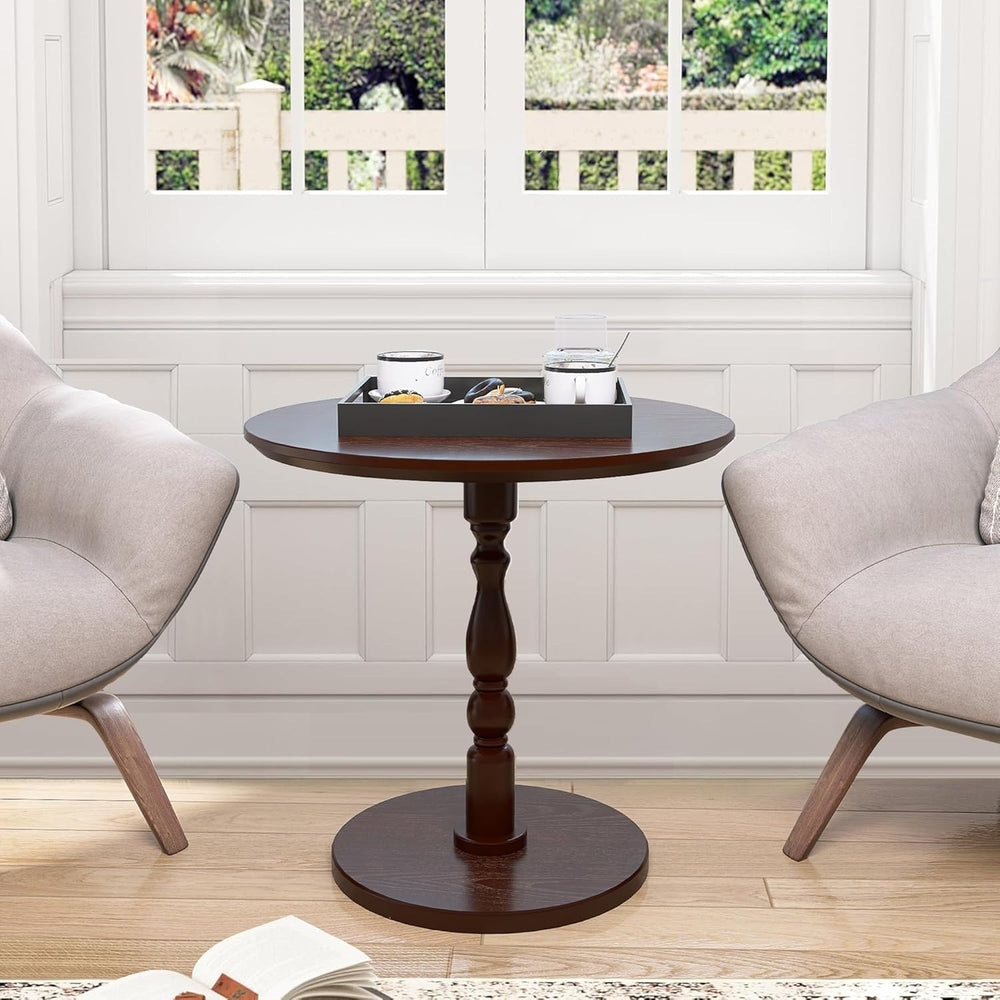 Round Side Table with Pedestal Base, 23.22" Wooden End Table, Coffee Tab...