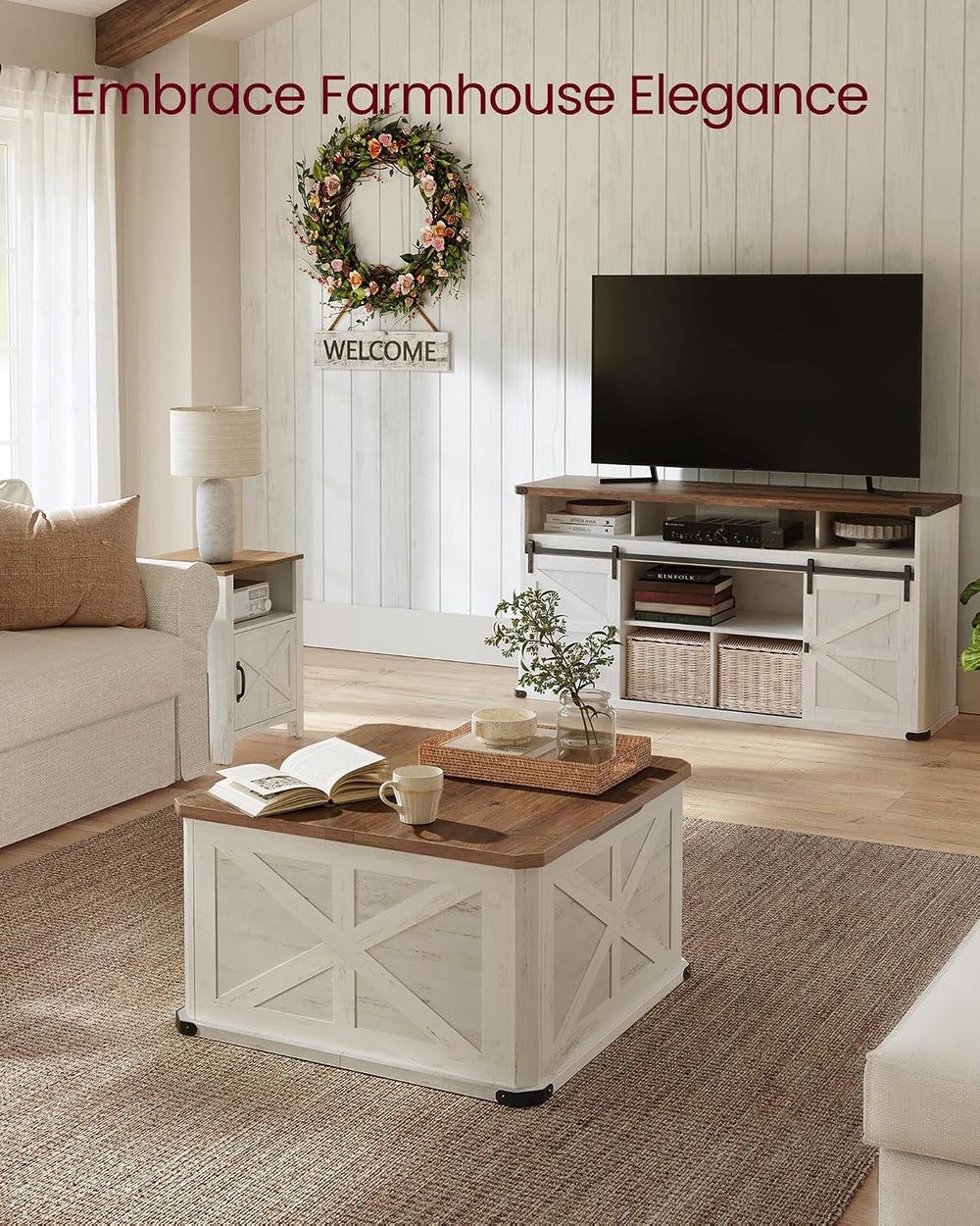 VASAGLE LIRY Collection - Farmhouse Coffee Table with Storage, Square Coffee ...