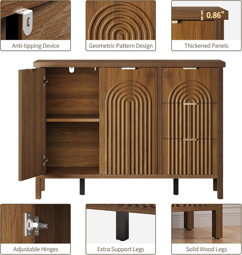 Sideboard Buffet Cabinet with Storage - Fluted Accent Coffee Bar Cabinets Kitchen Credenza with Drawers & Doors, Wood Console Side Board with Adjustable Shelf for Living Room Entryway, Walnut
