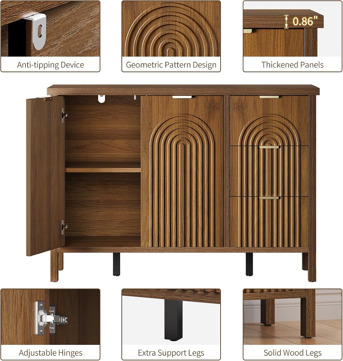Sideboard Buffet Cabinet with Storage - Fluted Accent Coffee Bar Cabinets Kitchen Credenza with Drawers & Doors, Wood Console Side Board with Adjustable Shelf for Living Room Entryway, Walnut