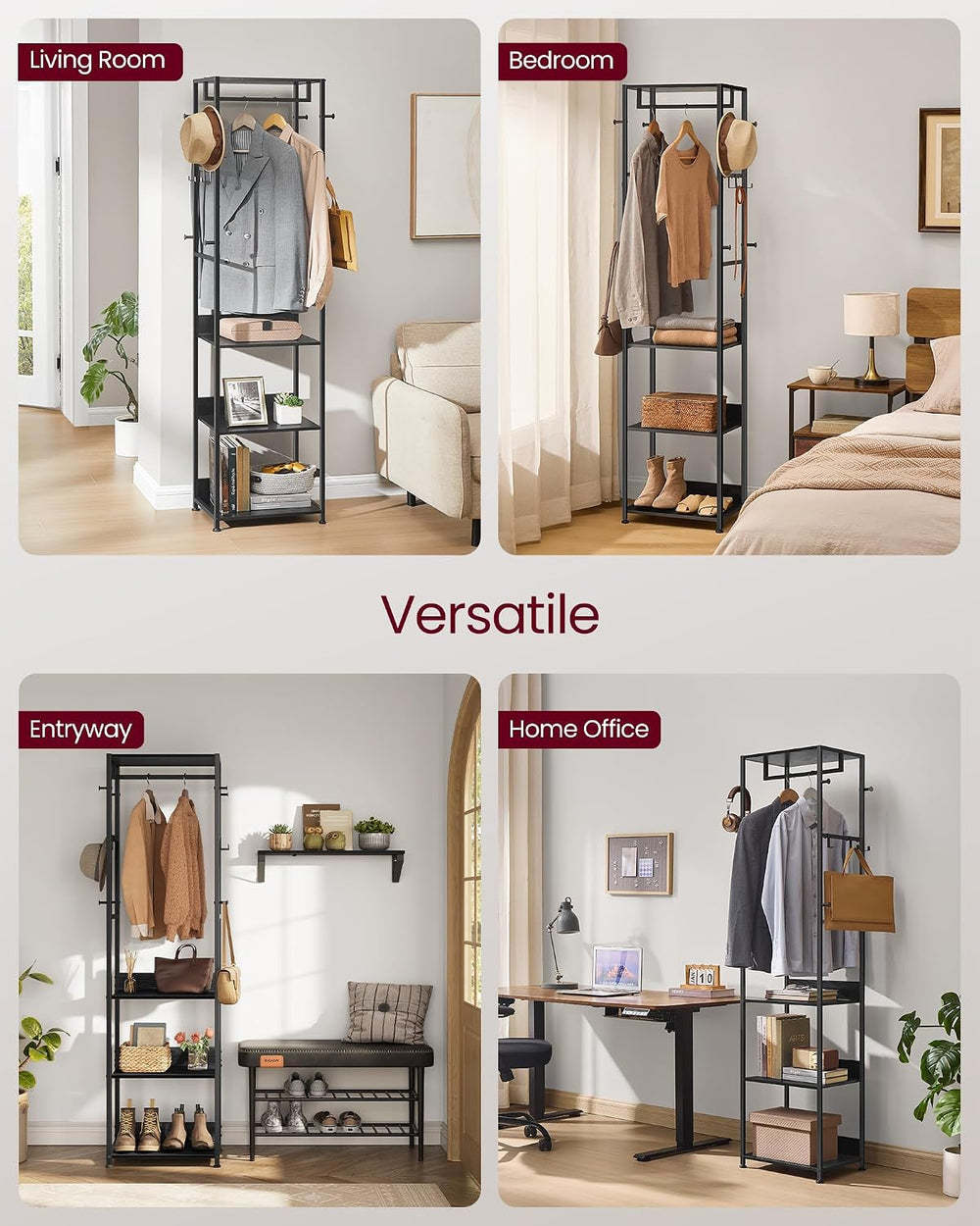 VASAGLE Freestanding Coat Rack, Hall Tree with Shelves, Steel Frame