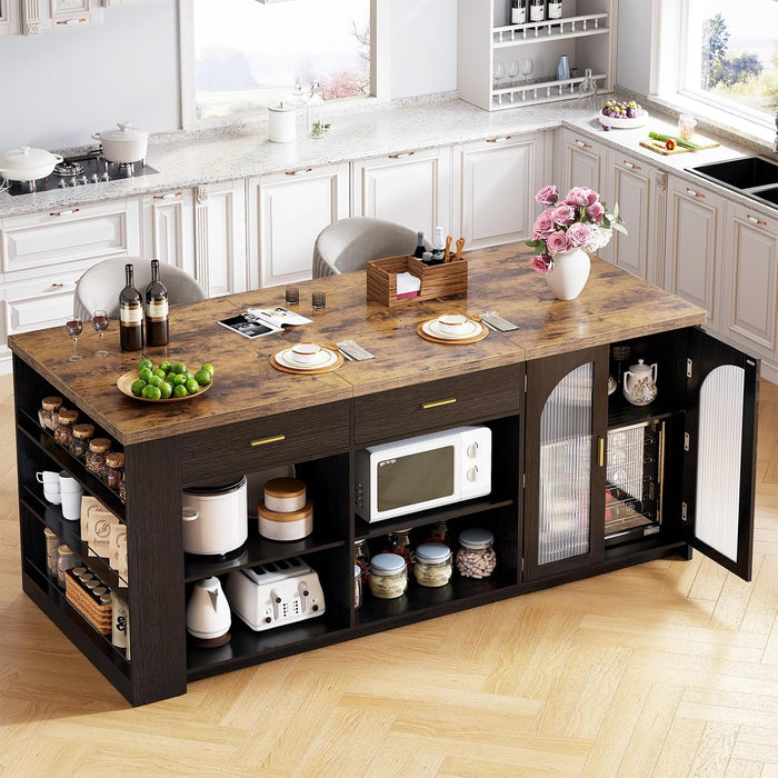 IBF 71" Large Kitchen Island with Storage and Seating, Rustic Brown & Black