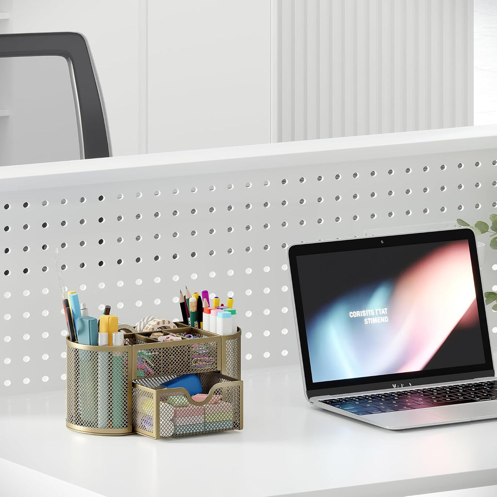 EasyPAG Mesh Pen Holder Desk Organizer with Drawer Stationery Supplies Organizer for Dorm School 9 Compartments Workspace Desk Accessories Organization for Office, Gold