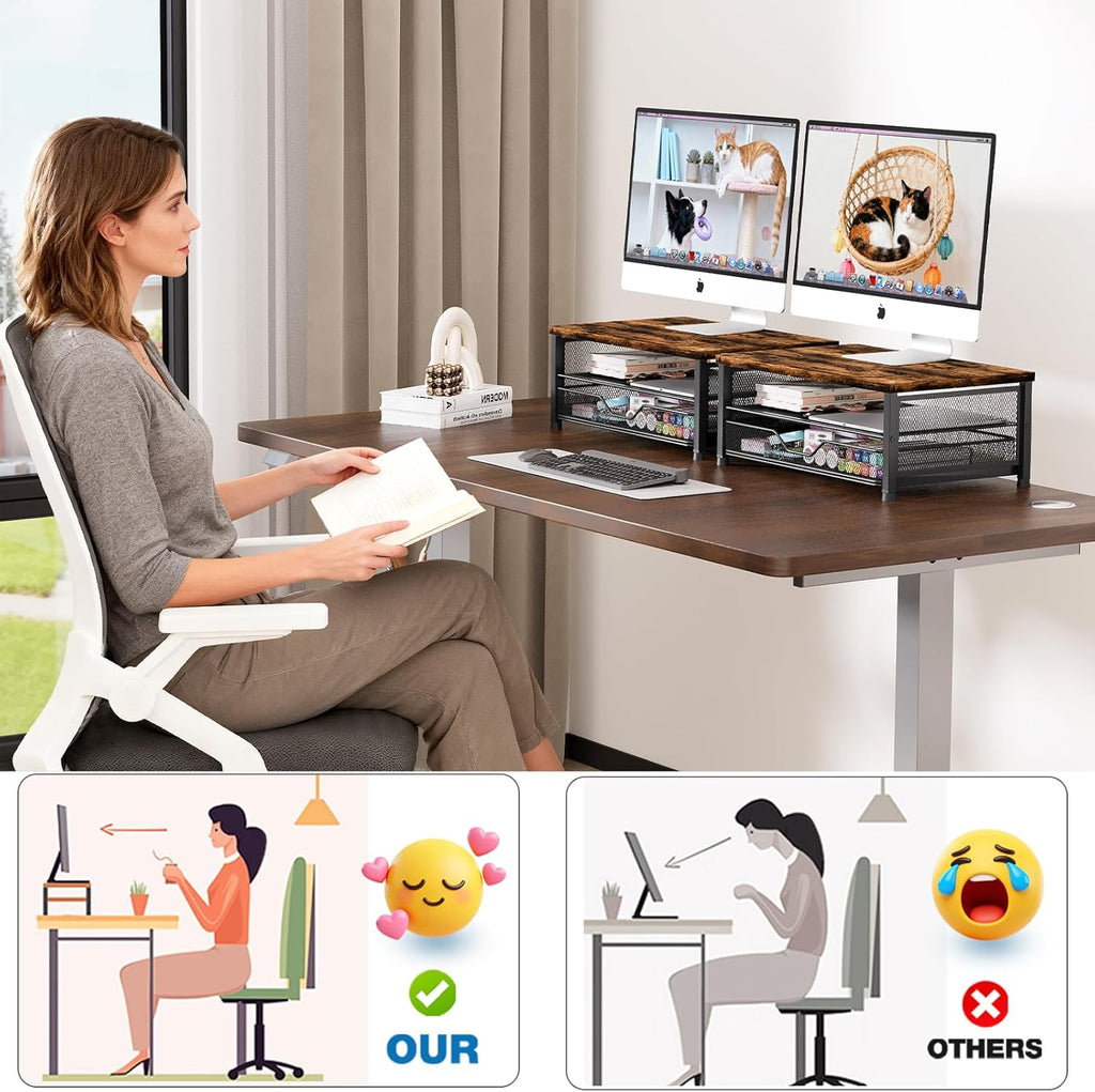 OPNICE Computer Monitor Stand Riser, Desk Organizer with Drawer, Laptop Stand, Office Desk Accessories & Workspace Desktop Organizers Storage for Office Supplies(Brown)