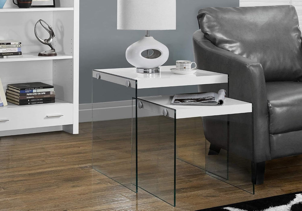 Monarch Specialties ,Nesting Table, Tempered Glass, Glossy White