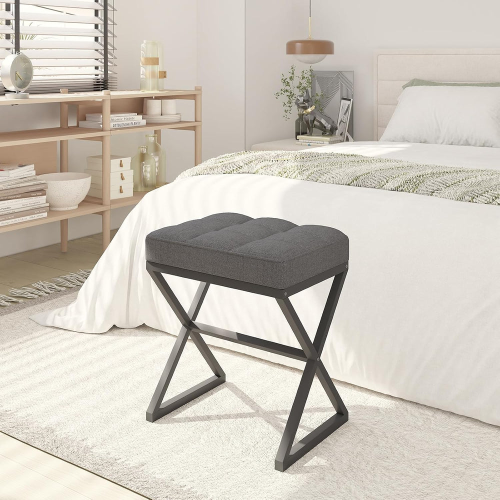 YMYNY Vanity Stool, Linen Footrest, Ottoman Bench with X-Shaped Metal Legs, M...