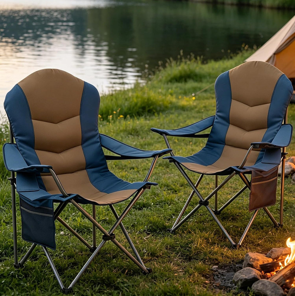 2 Pack Folding Camping Chairs for Adults - High Back Padded Outdoor Lawn Chai...