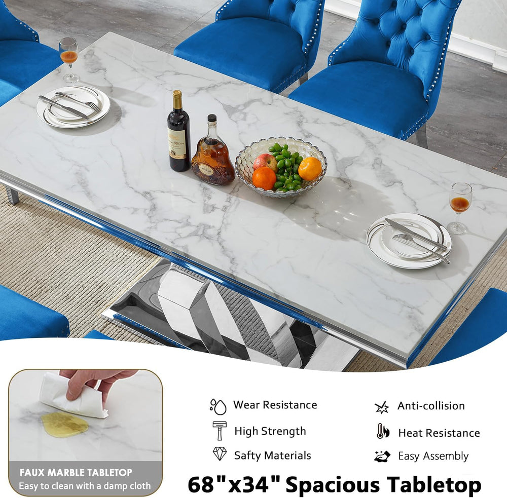 68" Marble Dining Table Set for 6, Modern Rectangle Dining Room Table Se...