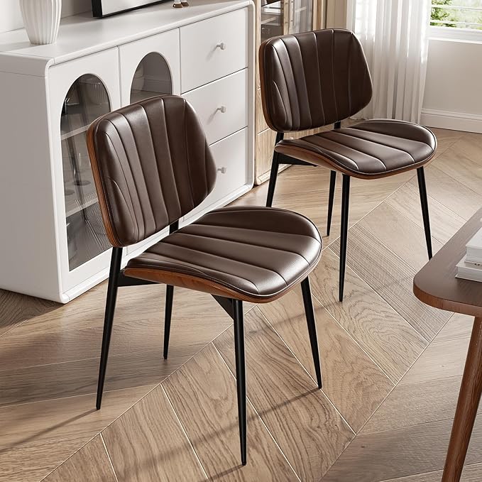 Dining Chair, Mid Century Modern Dining Room Chairs, Upholstered Faux Leather Kitchen Chairs with Walnut Bentwood Back and Metal Legs for Kitchen Dining Room Living Room, Coffee