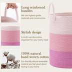 YOUDENOVA Woven Rope Laundry Hamper Basket, 58L Tall Luandry Basket, Baby Nursery Hamper for Blanket Storage, Clothes Hamper for Laundry in Bedroom-Large-Pink