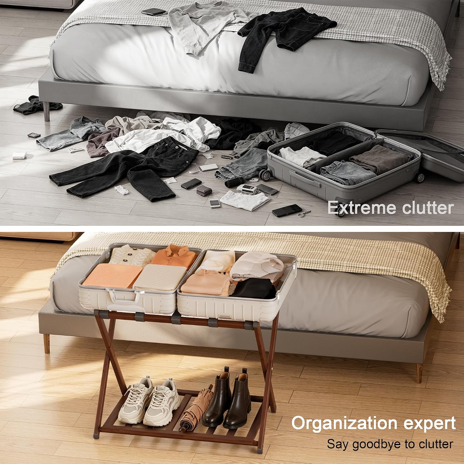 Fully Assembled Luggage Rack Set of 2 for Guest Room, Bamboo Suitcase Stand with Foldable Storage Shelf, Crossed Nylon Straps Folding Luggage Holder for Bedroom and Hotel, Walnut