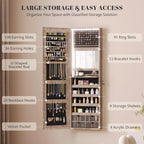 Vlsrka 47.2 Inch Full Length Mirror with Storage, Wall Mount Mirror Jewelry Cabinet, Over The Door Hanging Jewelry Armoire Organizer, Built-in Light, 4 Drawers, 5 Shelves, Lockable (Wood)
