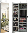 Giantex Wall or Door Mounted Jewelry Armoire with 47.5" Full Length Mirror, Lockable Cabinet with 2 LED Lights, 2 Drawers, Over the Door Large Jewelry Storage Organizer (Gray)