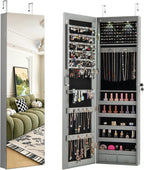 Giantex Wall or Door Mounted Jewelry Armoire with 47.5" Full Length Mirror, Lockable Cabinet with 2 LED Lights, 2 Drawers, Over the Door Large Jewelry Storage Organizer (Gray)