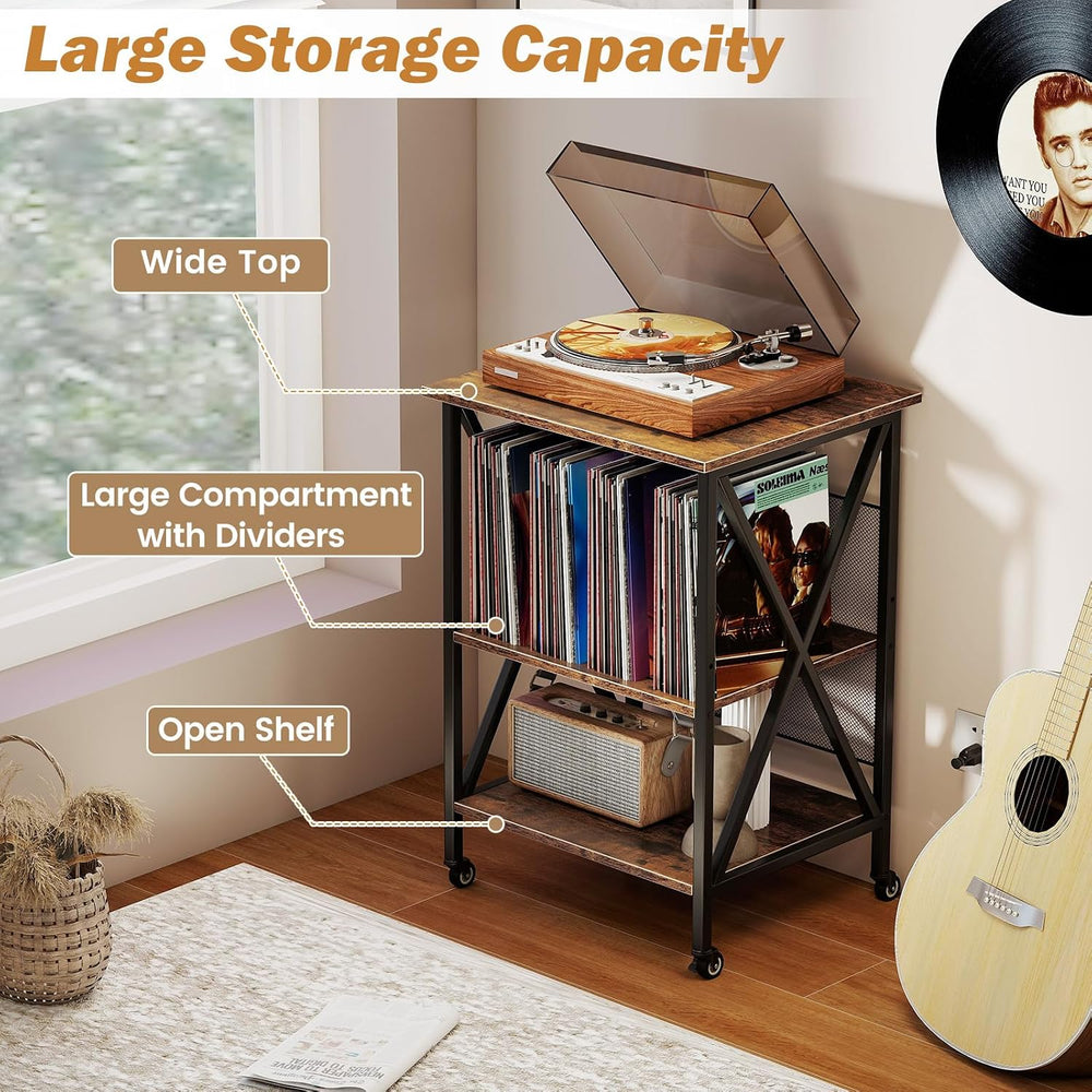 GOFLAME Record Player Stand with Power Outlet, 3-Tier Industrial Rolling Turn...