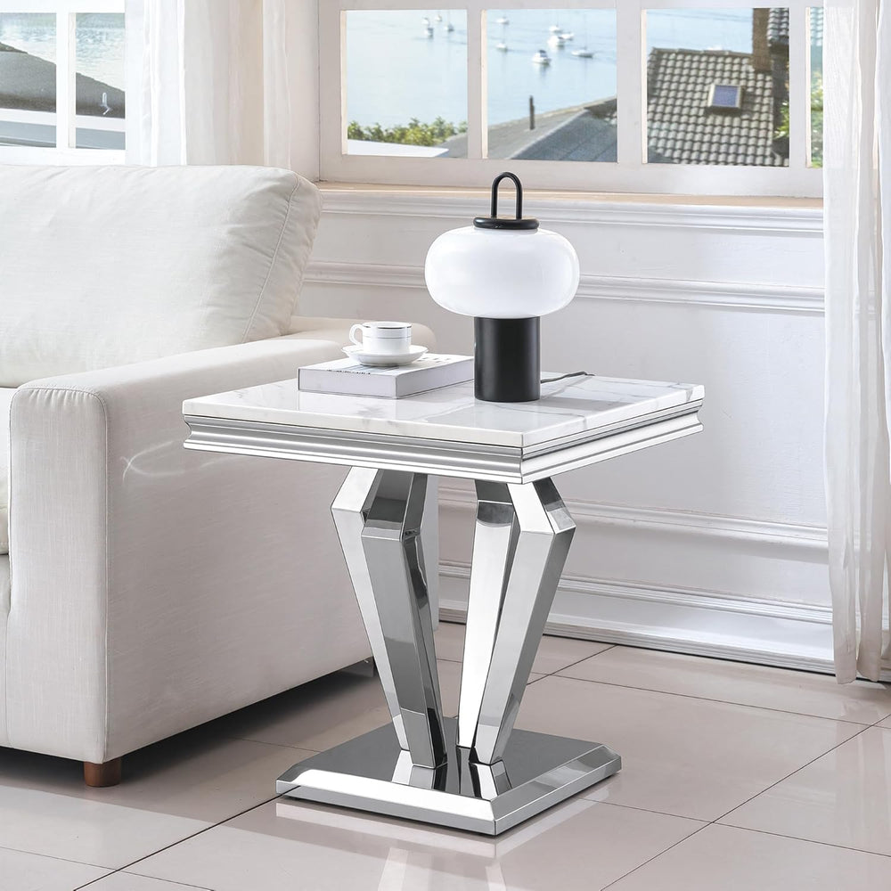 Faux Marble End Table, 23" Square White End Table with Faux Faux Marble ...