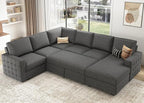 HONBAY Sectional Sleeper Sofa with Pull Out Bed U-Shape Sectional Couch Sleeper Bed with Storage Chaise 6 Seater Sleeper Sectional Sofa, Light Grey