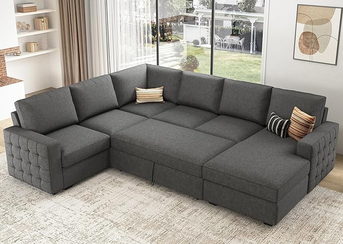 HONBAY Sectional Sleeper Sofa with Pull Out Bed U-Shape Sectional Couch Sleeper Bed with Storage Chaise 6 Seater Sleeper Sectional Sofa, Light Grey