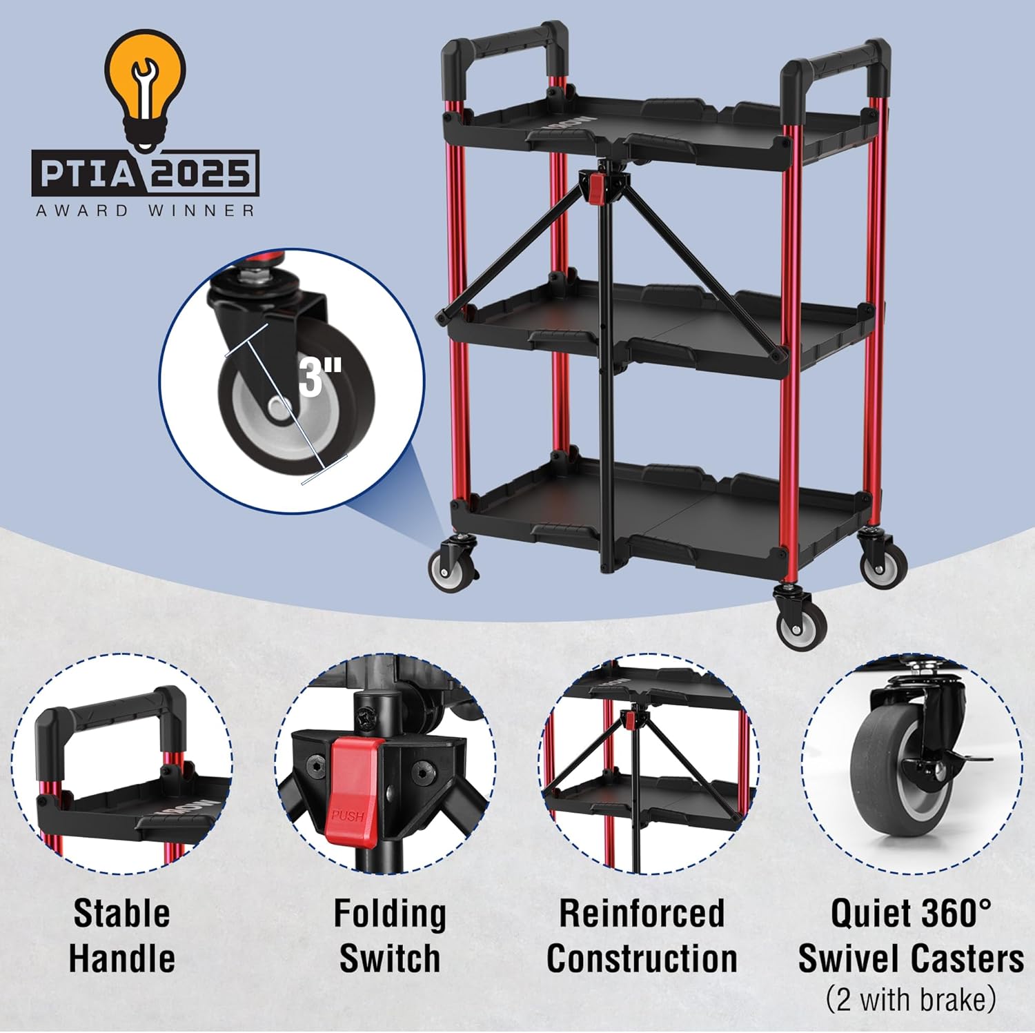 WORKPRO 3-Tier Collapsible Service Cart, 210 LBS Foldable Utility Service Cart with Wheels, Portable Tool Cart for Garage, Warehouse, Home, Restaurant, Office (No Assembly Required)
