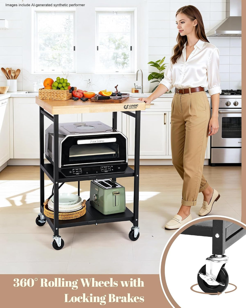 Foldable Kitchen Storage Cart, Solid Oak Top, Locking Wheels | Foldable 3-tie...