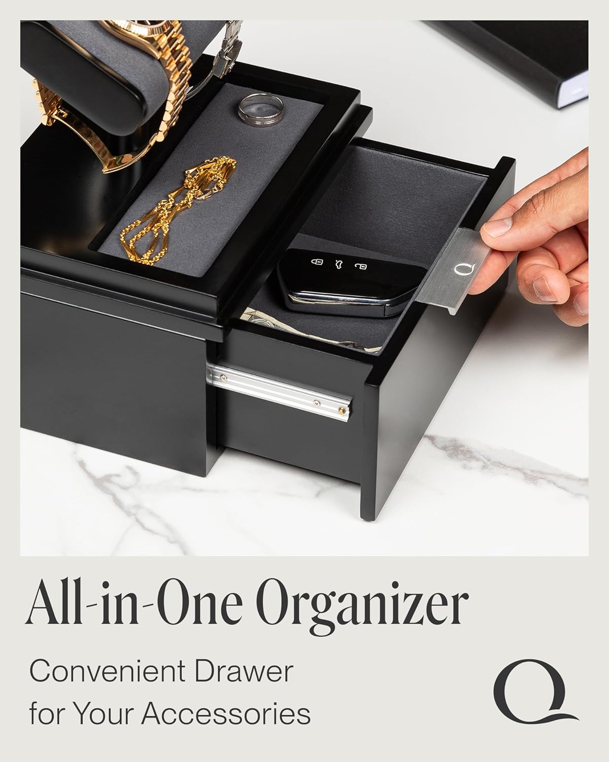 QWATCH Watch Stand Display Case - Acrylic Watch Box for 2 or 4 Watches with Jewelry Valet Tray and Drawer