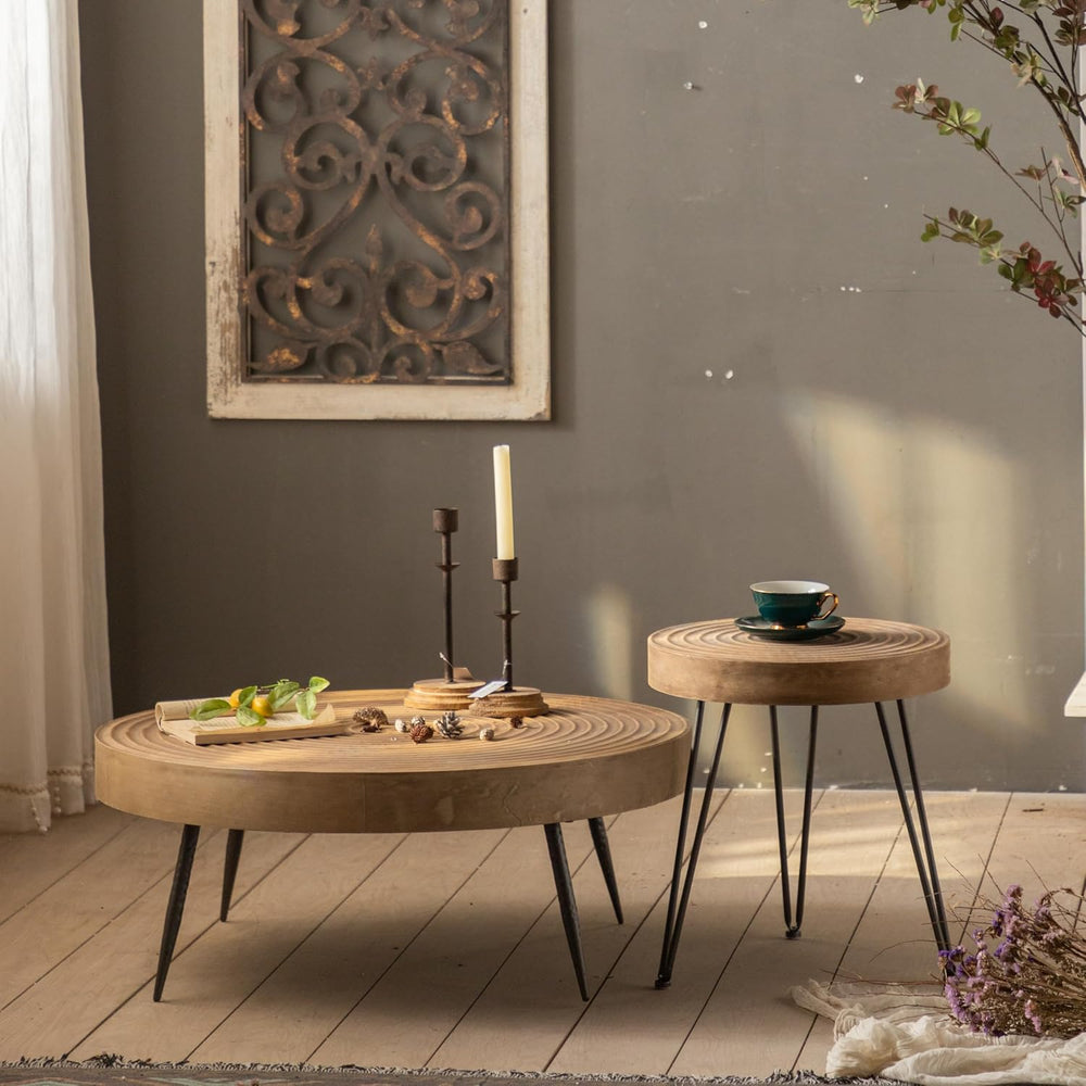 Round Wooden Side Table, 16" Diameter Tall End Table with Grooved Top &a...