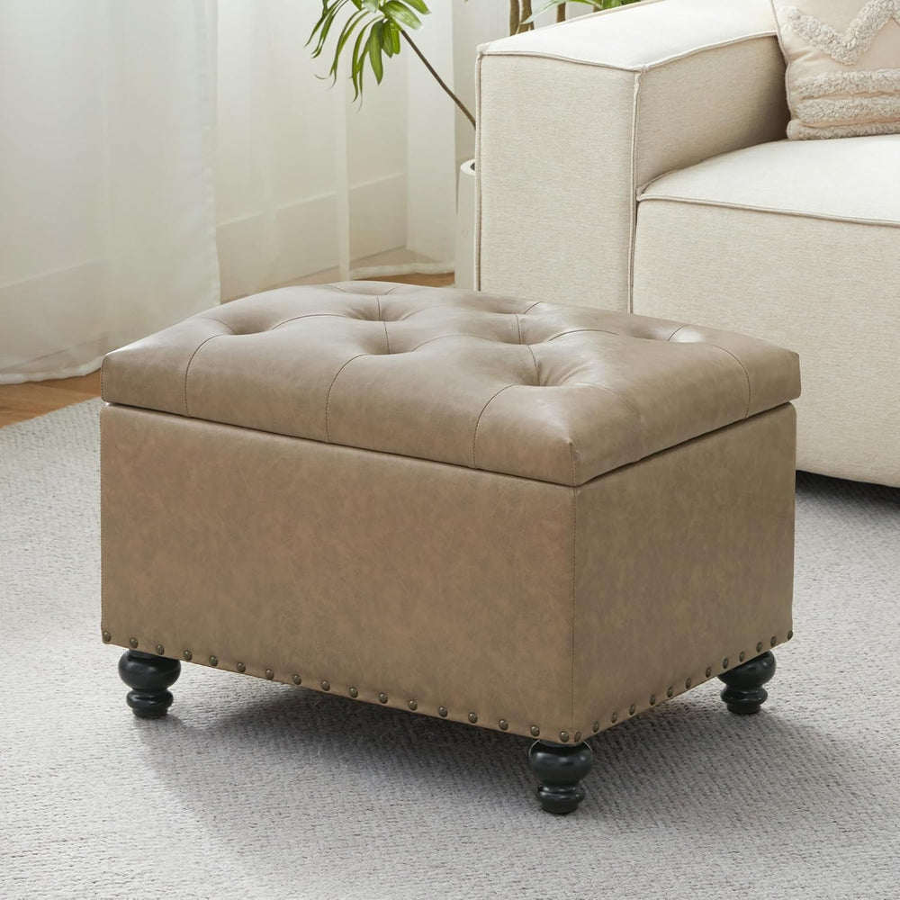 Zihanhome Leather Ottoman with Storage, Upholstered Button Tufted Ottoman Foo...