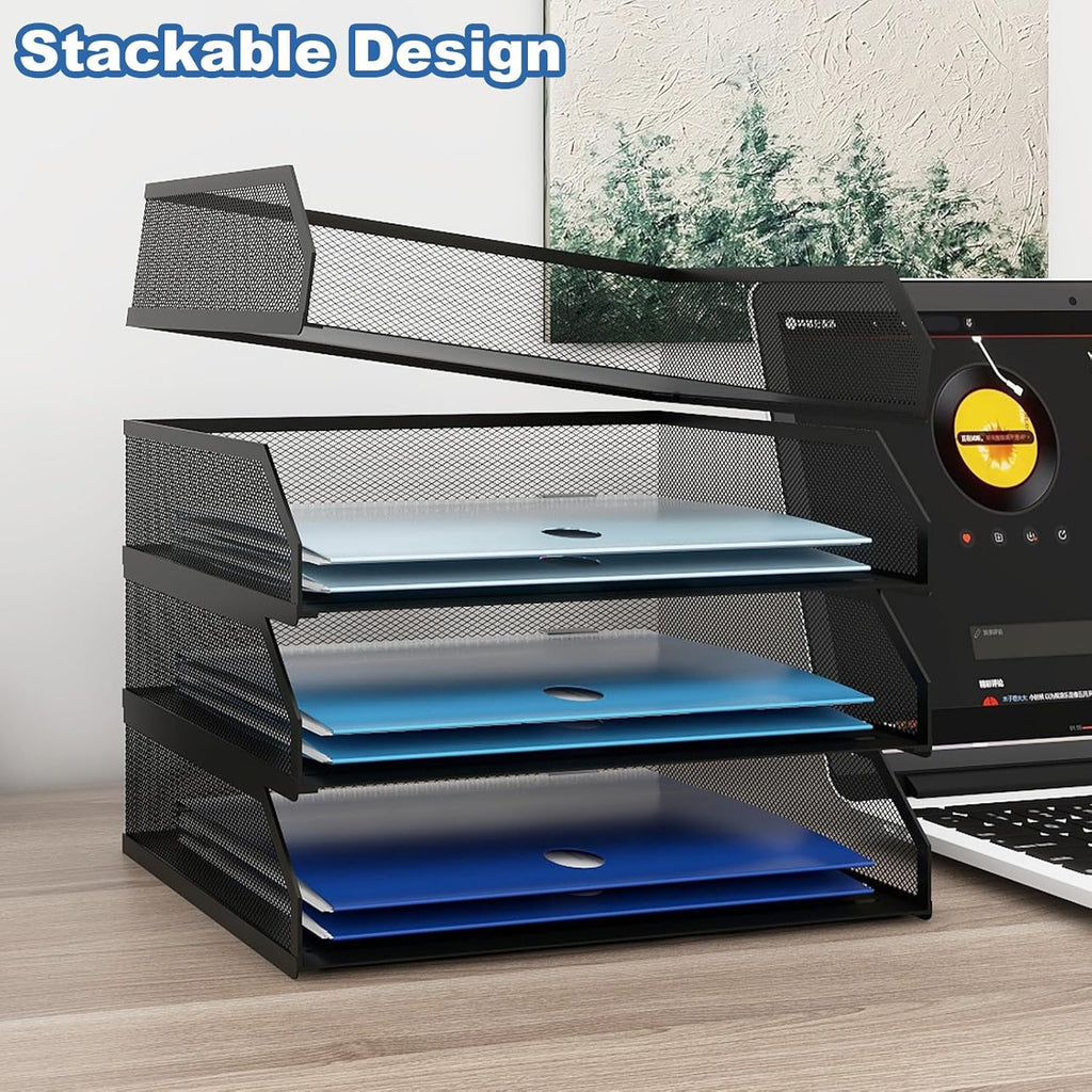 Natwind 4-Tier Stackable Paper Tray, Metal Mesh Desktop Organizer, A4 Paper Sorter, Letter Trays,File Folder Sorter Organizer with Sliding Tray for Home, Office, School (Black)
