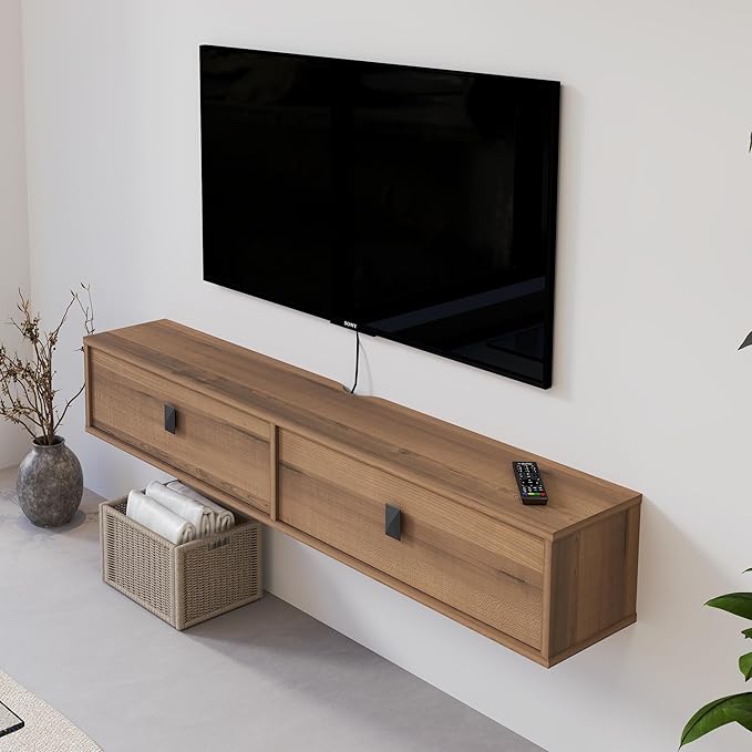 Solid Wood Floating TV Shelf, 55'' Wall Mounted TV Cabinet, Floating ...