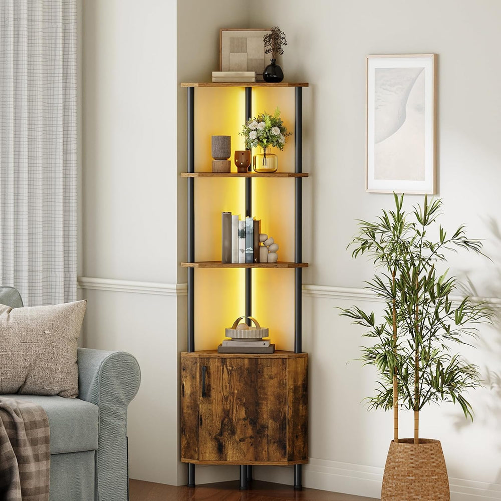 HOOBRO Corner Cabinet with LED Light, Corner Shelf Stand with Storage and Doo...