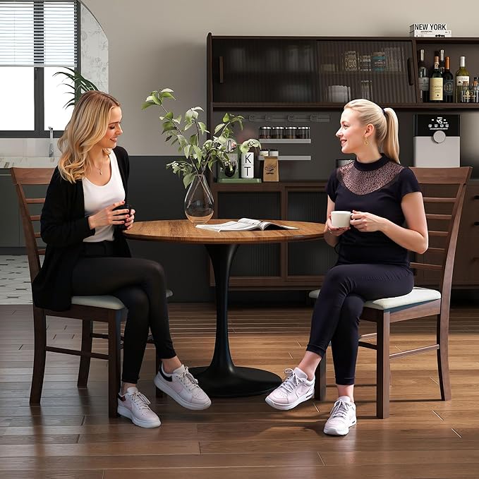 HOMCOM Wooden Dining Chairs Set of 2, Farmhouse Upholstered Kitchen Chairs with Rubber Wood Frame for Living Room, Dining Room, Dark Brown and Beige