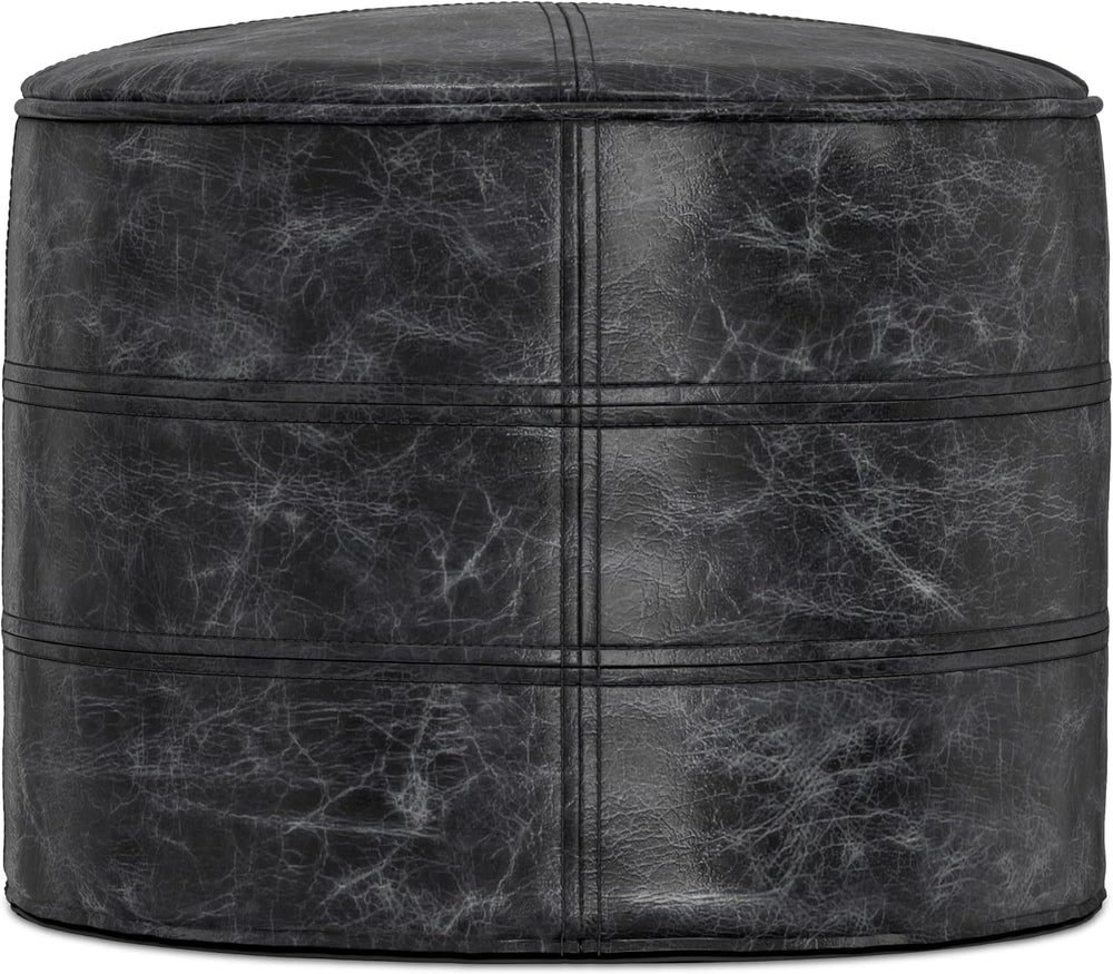 SIMPLIHOME Connor 18" Wide Round Pouf in Distressed Black Genuine Leather