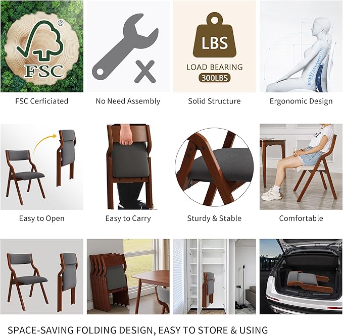 Ball & Cast Upholstered Folding Dining Chairs Set of 2, Foldable Wooden Chair 2-Pack, Portable Office-Chair for Kitchen Outdoor Activity, Easy Carry & Storage, Cherry+Dark Grey