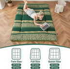 Japanese Floor Mattress, Futon Mattress with Portable Storage Bag and Washable Cover, Roll Up Thick Tatami Mat Suitable for Camping, Guest Room (Bohemian Green, Queen)
