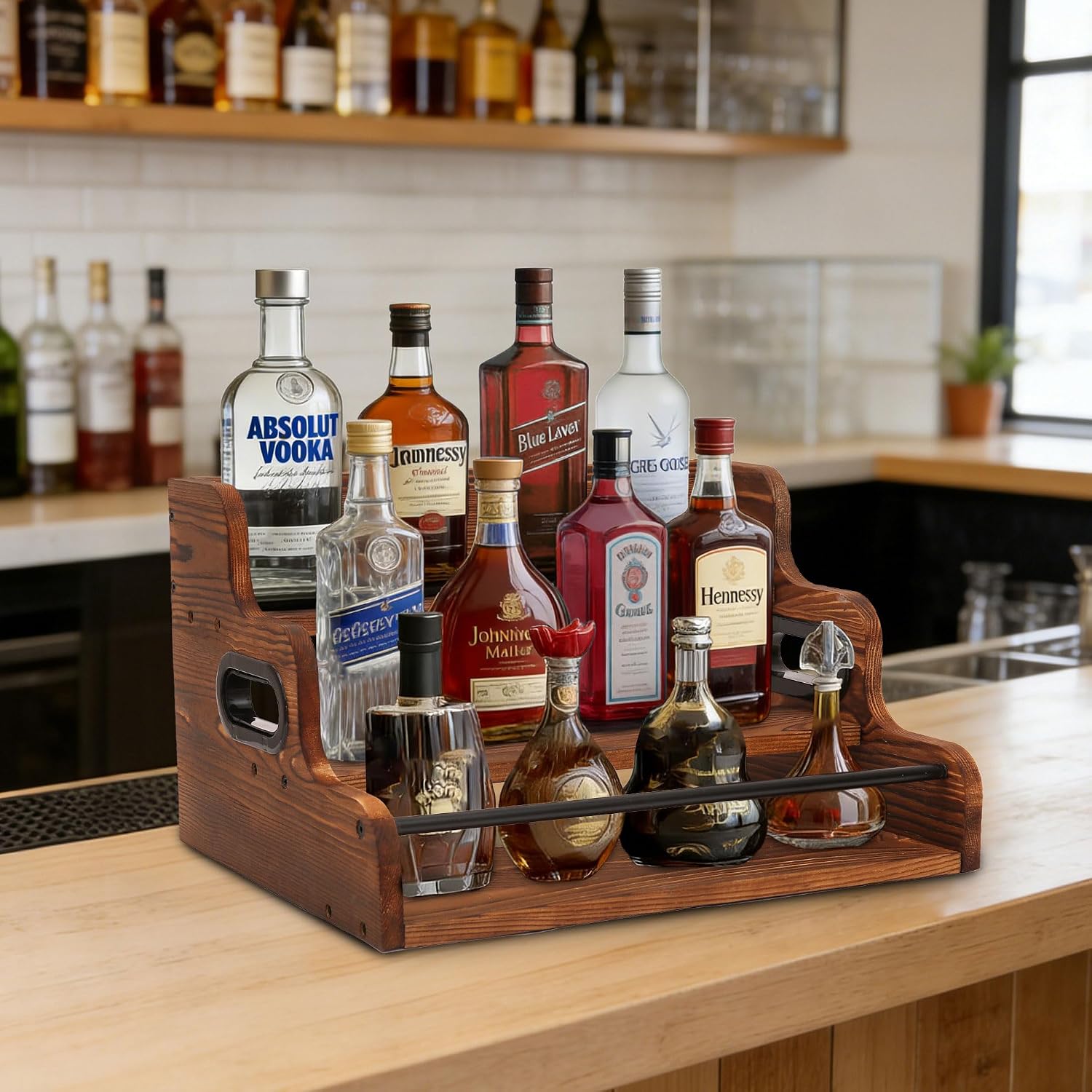 3-Tier Wood Bottle Display Shelf, Countertop Liquor Organizer, Rustic Brown