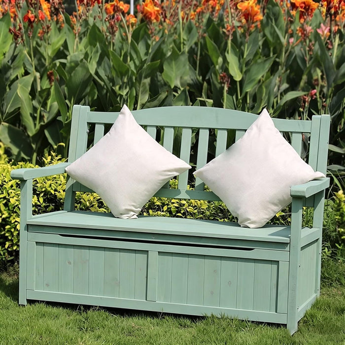 48in Wooden Outdoor Storage Bench, 2-Seater Patio Garden Bench with Backrest & Armrests, Weather-Resistant Deck Box for Porch, Yard & Pool(Green)