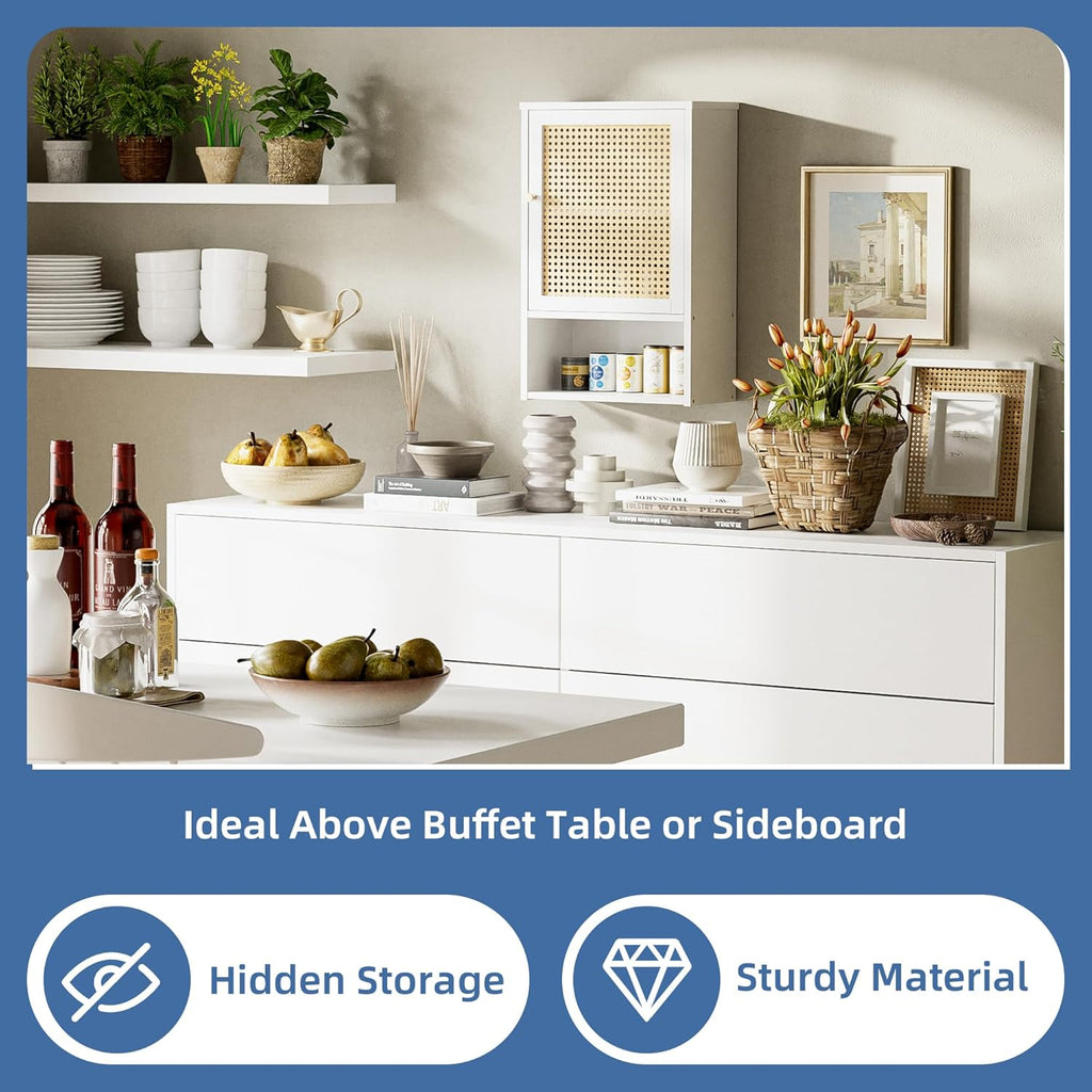 HITNET Medicine Cabinet, Rattan Bathroom Wall Cabinet Over Toilet, Bamboo Space Saver Storage Organizer with Door and Shelf for Living Room, Kitchen, Entryway, White