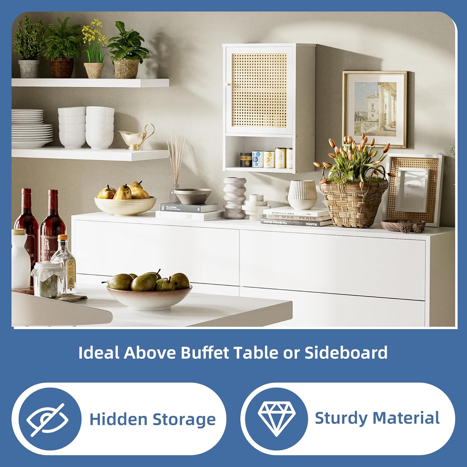 HITNET Medicine Cabinet, Rattan Bathroom Wall Cabinet Over Toilet, Bamboo Space Saver Storage Organizer with Door and Shelf for Living Room, Kitchen, Entryway, White