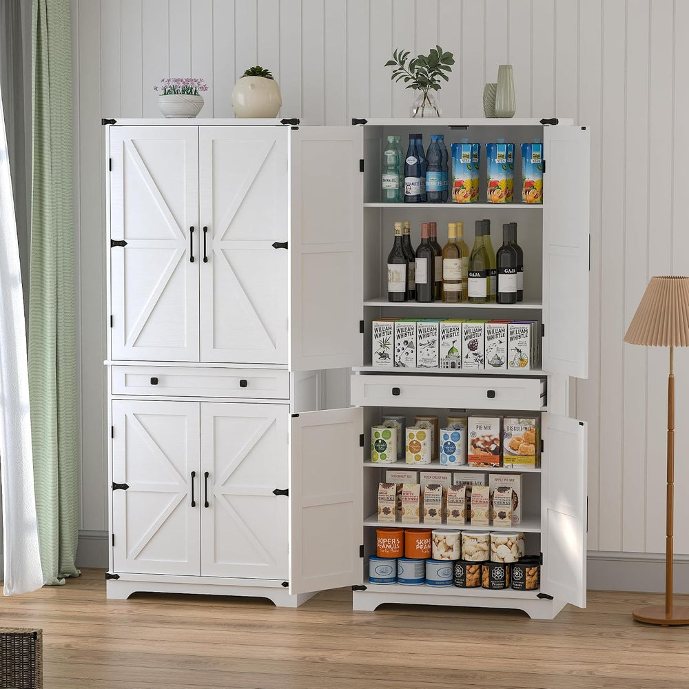 71" Tall Kitchen Pantry Storage Cabinet with Drawer & 4 Barn Doors, ...