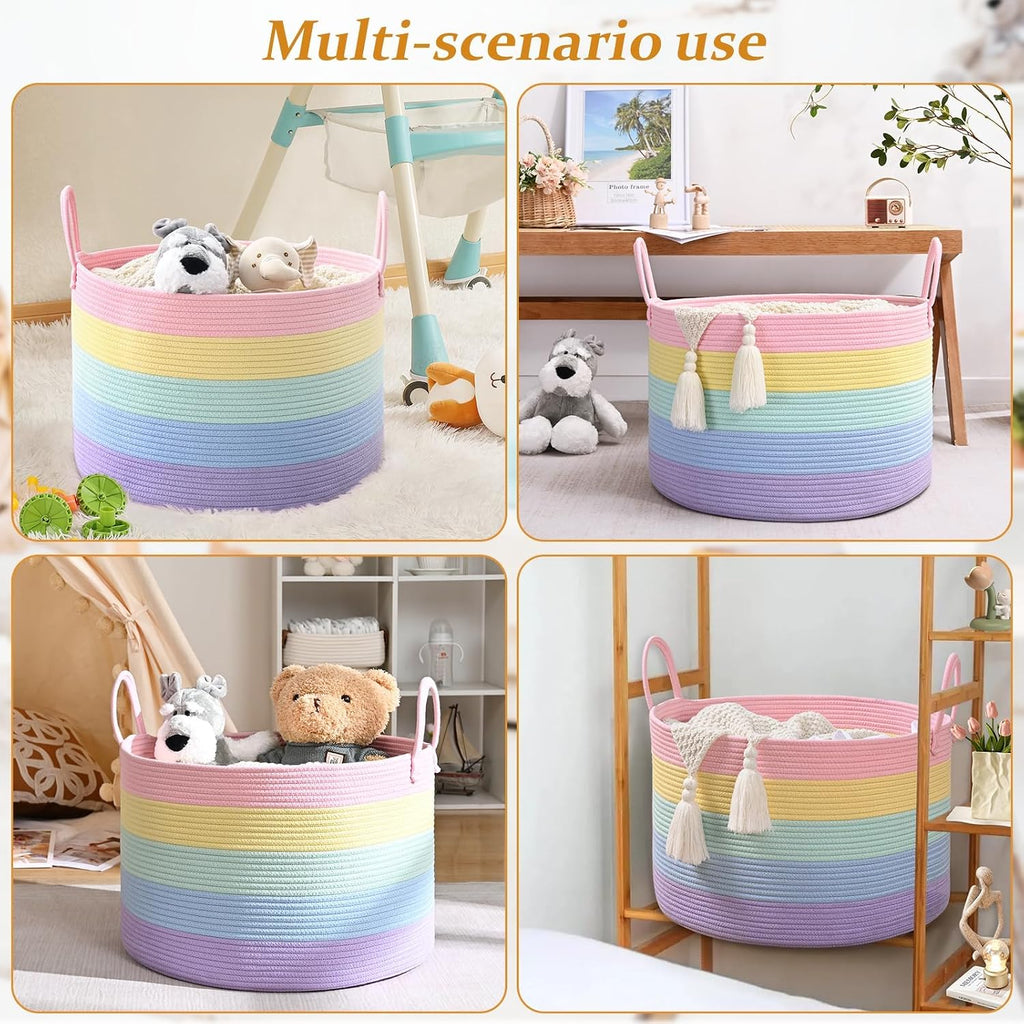 67L Large Rainbow Blanket Basket, Cotton Rope Baby Laundry Hamper with Handles, Kids Toy Basket for Classroom & Nursery, Soft Round Stuffed Animal Storage, Dog Toy Bin - 20"x13", Light Rainbow