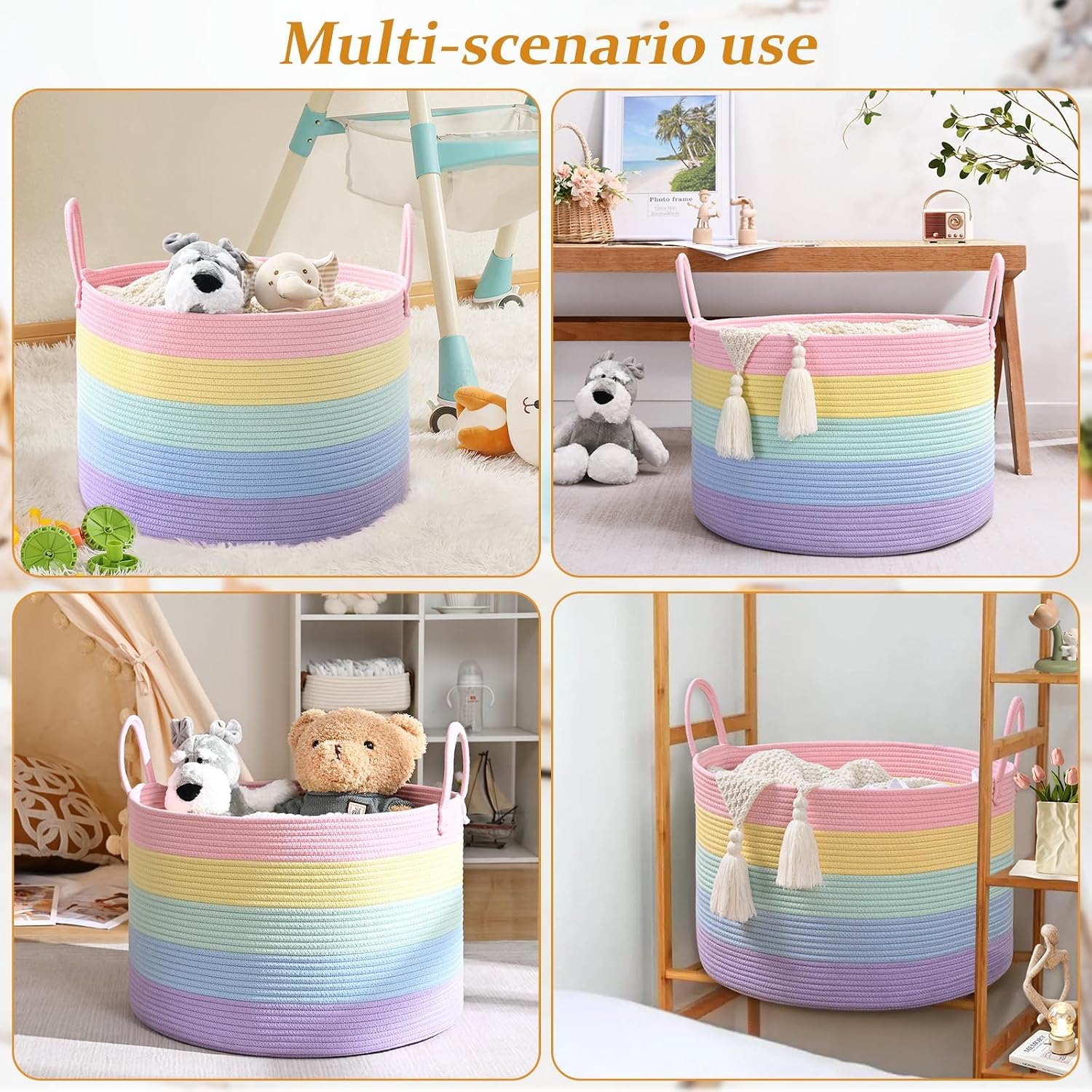 67L Large Rainbow Blanket Basket, Cotton Rope Baby Laundry Hamper with Handles, Kids Toy Basket for Classroom & Nursery, Soft Round Stuffed Animal Storage, Dog Toy Bin - 20"x13", Light Rainbow