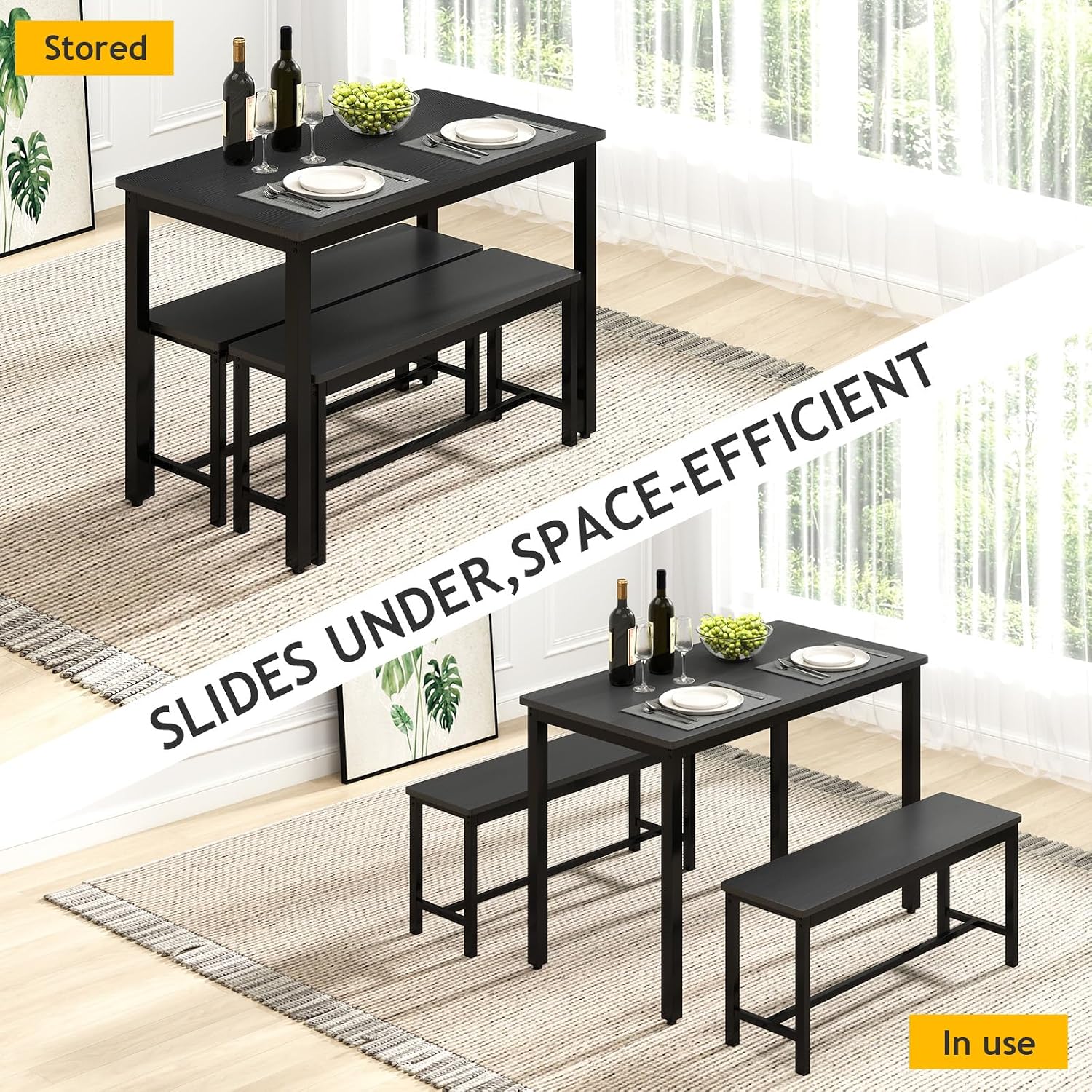 Rovibek Dining Table Set for 4 with 2 Benches – Space-Saving Kitchen Table Set for Kitchen & Dining Room, Black