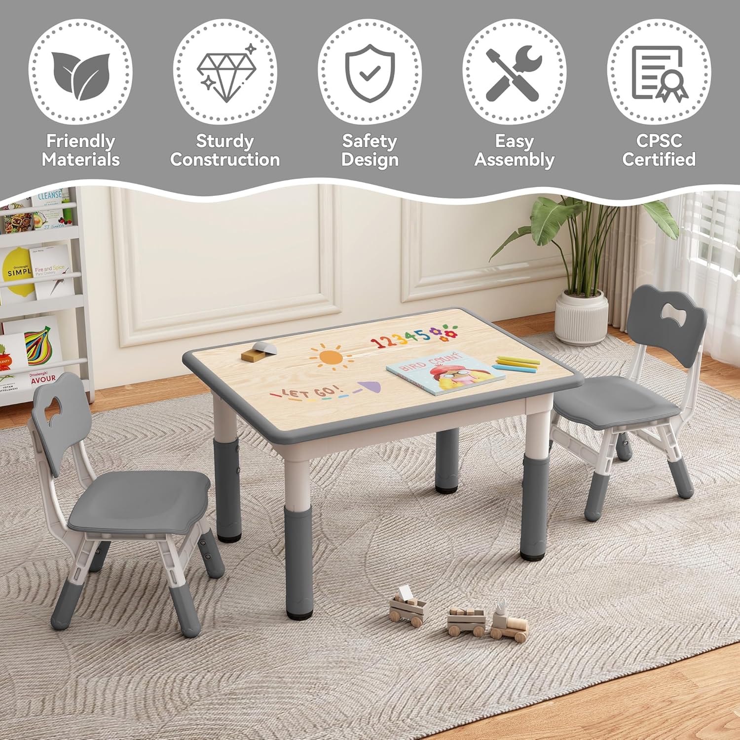 GITAWUSA Kids Study Table and Chairs Set, Height Adjustable Toddler Table and Chair Set for Kids Ages 3-8, 31.5" L x 23.6" W Graffiti Desktop Plastic Children Art Table with 2 Seats, Grey