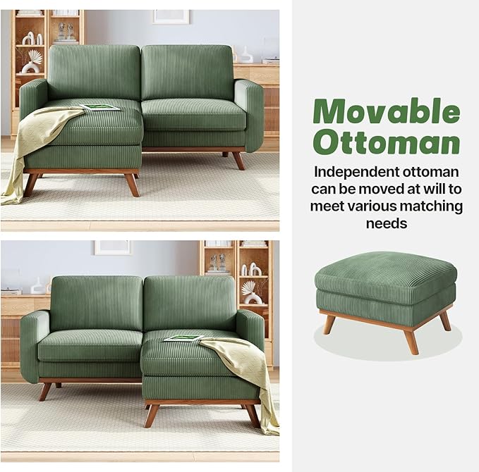 Vesgantti 68" Loveseat Sofa with Movable Ottoman, Comfy Corduroy Couch with Spring Cushion, Sofa Couch with Solid Wood, Modern Office Sofa with Deep Seat for Living Room and Bedroom, Green