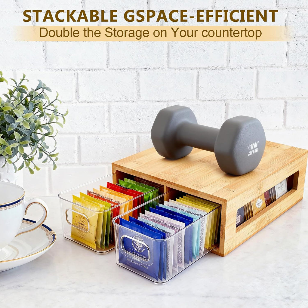 Tea Bag Organizer, Bamboo and Acrylic Drawer Tea Bag Holder Wood Teas Bags Storage for Drawers with 2 Roomy Compartments for Kitchen Living Room