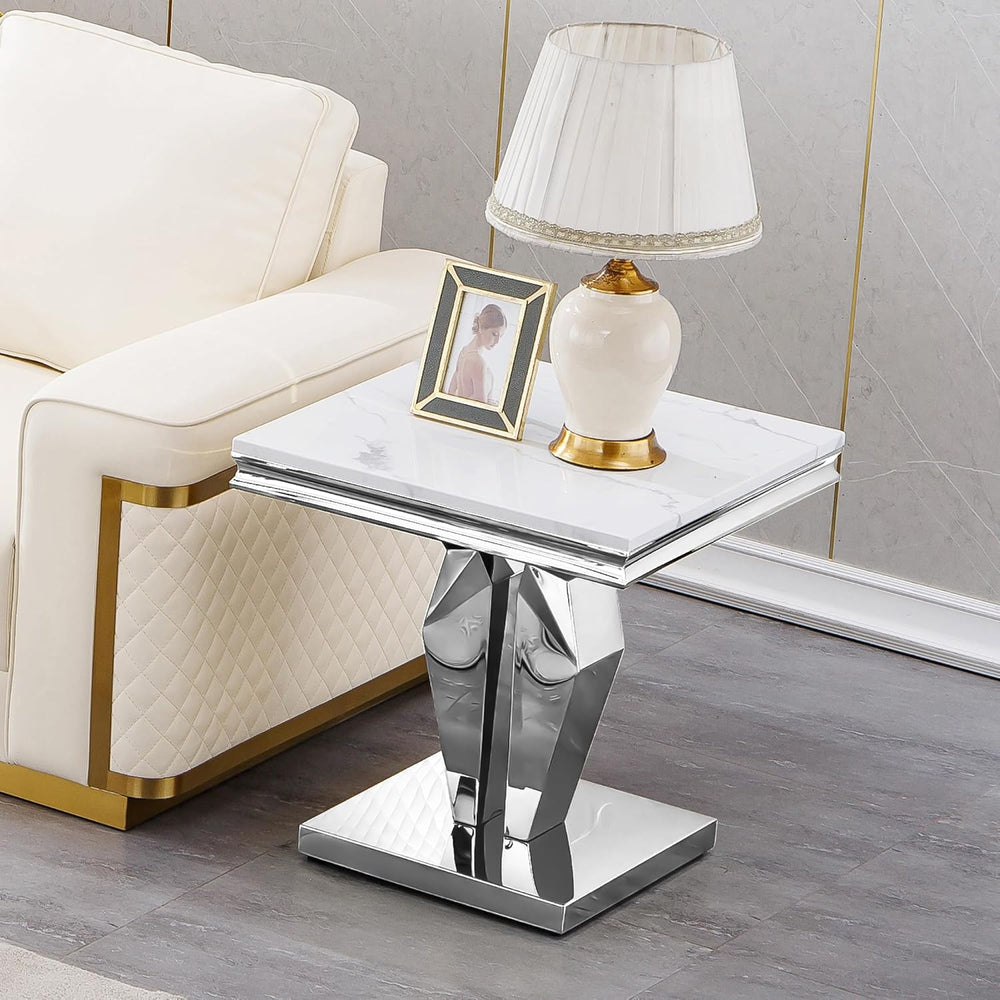 23in Faux Marble End Table w/Y Stainless Steel Base, Night Stand Square End T...