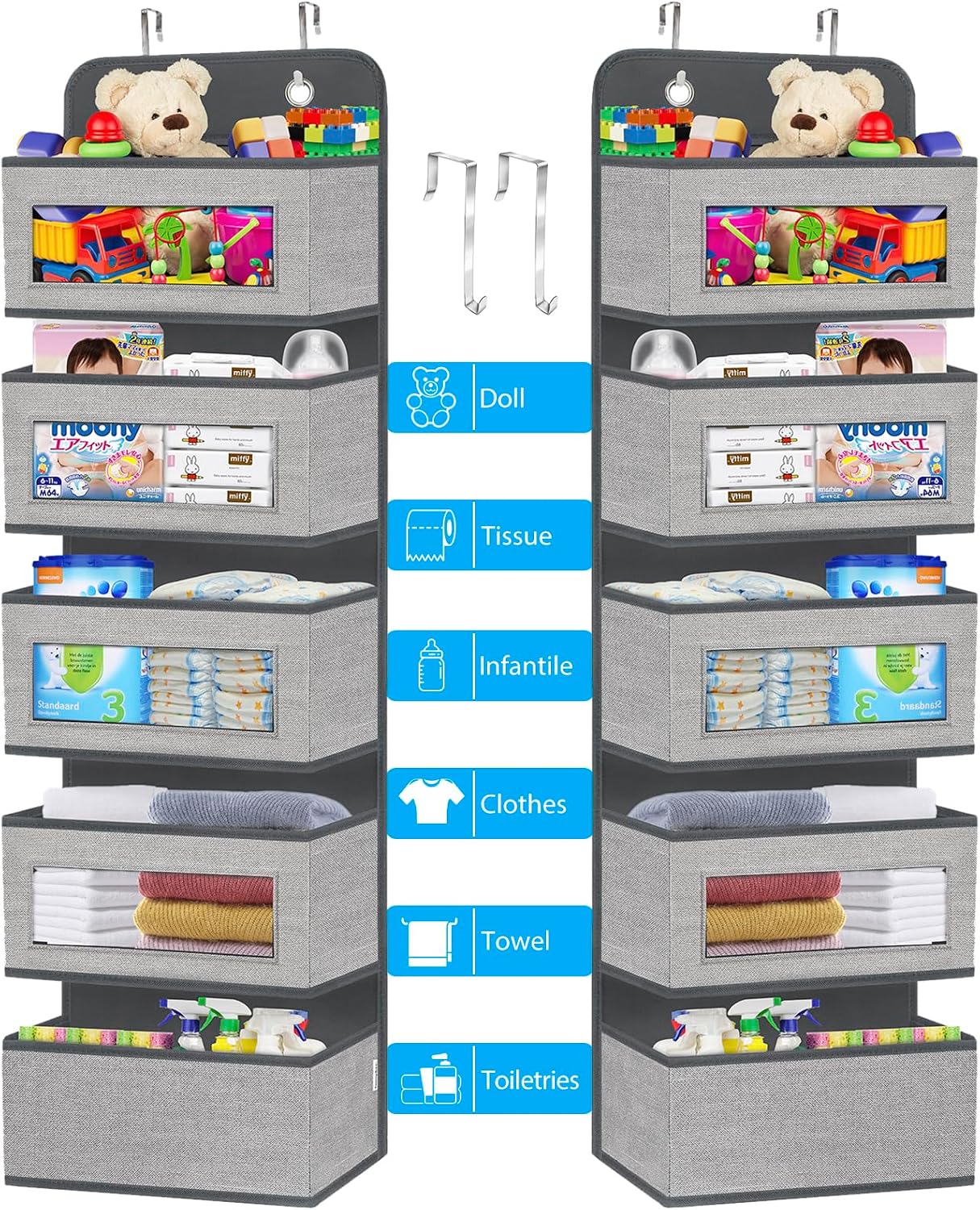 2 Pack Over the Door Hanging Organizer with 5 Large Pocket and Clear Window, Sturdy Over the Door Storage Organizer for Closet, Pantry, Bathroom,Bedroom, Nursery, Dorm (Grey)